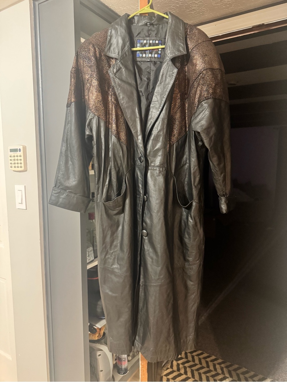 Long Women's Leather Trench Coat in Dark Brown with Textured Yoke